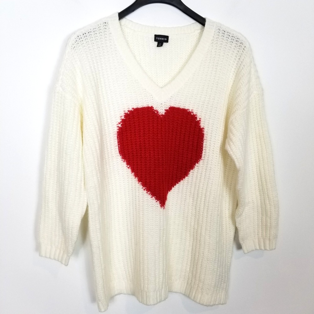 torrid Cream V-Neck Sweater with Red Heart